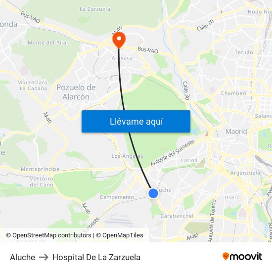 Aluche to Hospital De La Zarzuela map