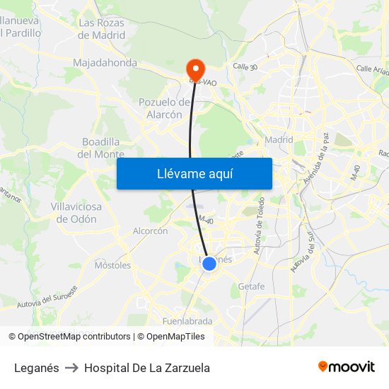 Leganés to Hospital De La Zarzuela map