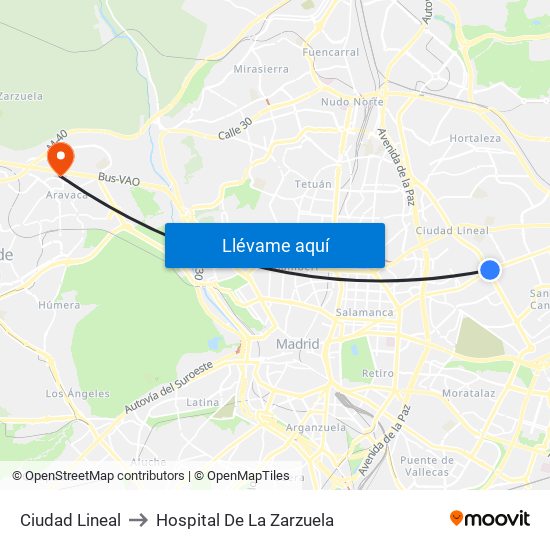 Ciudad Lineal to Hospital De La Zarzuela map