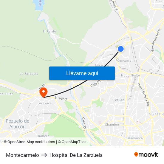 Montecarmelo to Hospital De La Zarzuela map