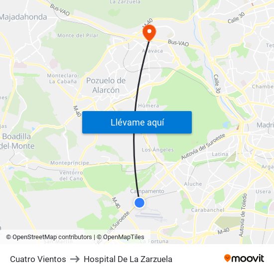 Cuatro Vientos to Hospital De La Zarzuela map