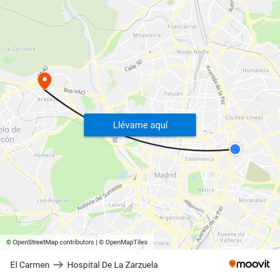 El Carmen to Hospital De La Zarzuela map
