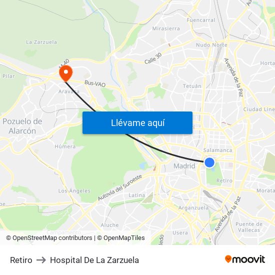 Retiro to Hospital De La Zarzuela map