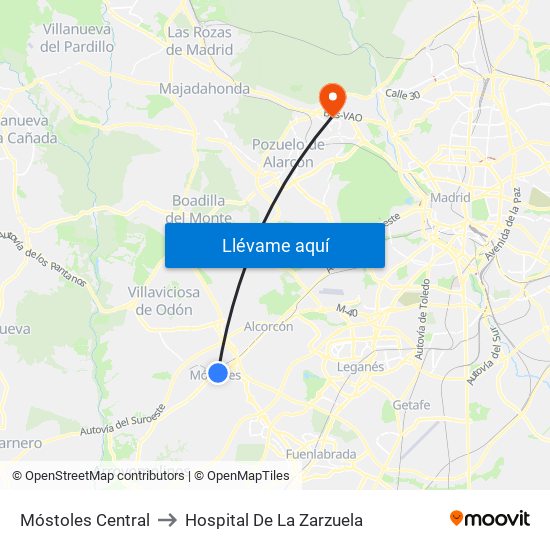 Móstoles Central to Hospital De La Zarzuela map