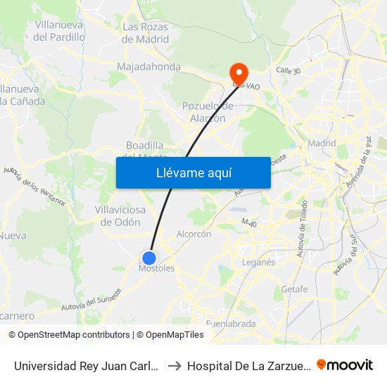 Universidad Rey Juan Carlos to Hospital De La Zarzuela map