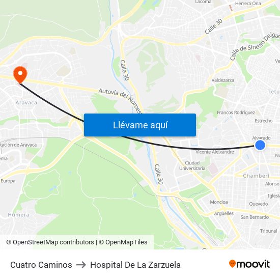 Cuatro Caminos to Hospital De La Zarzuela map