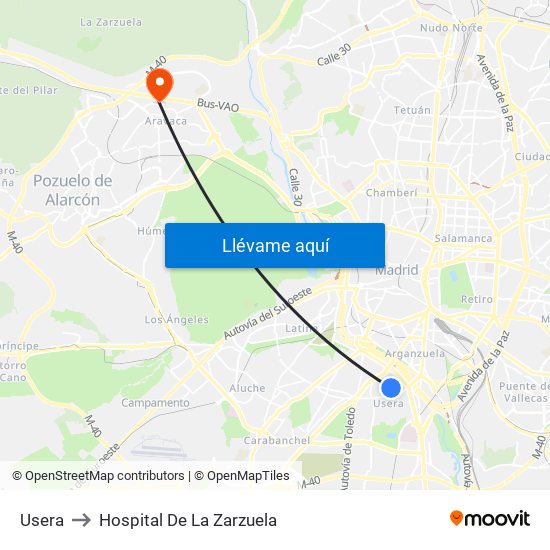 Usera to Hospital De La Zarzuela map