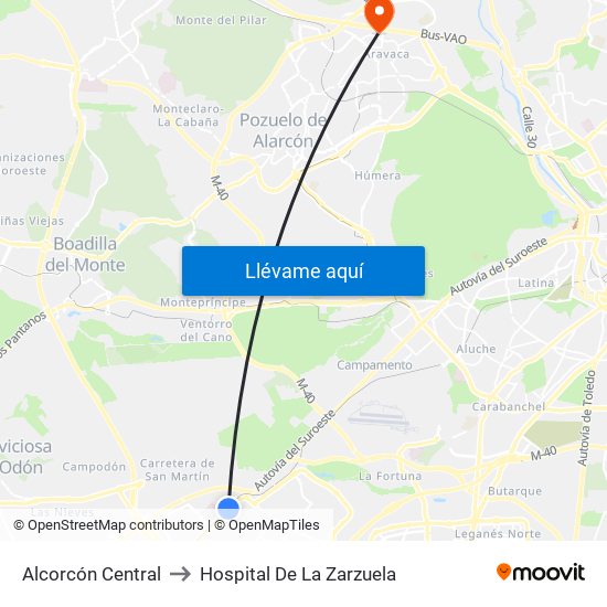 Alcorcón Central to Hospital De La Zarzuela map