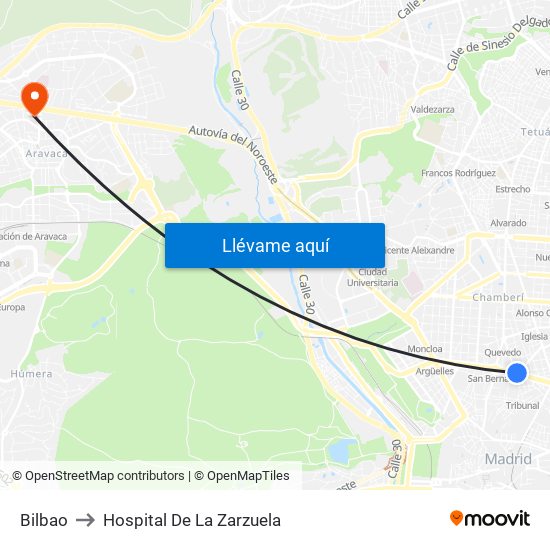 Bilbao to Hospital De La Zarzuela map