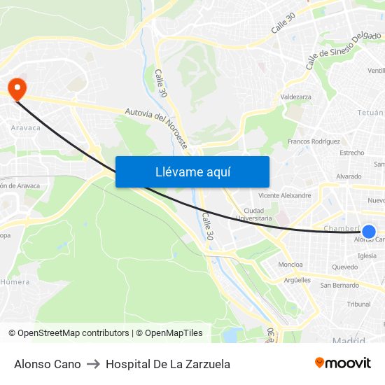 Alonso Cano to Hospital De La Zarzuela map