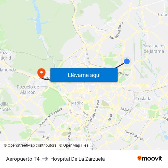 Aeropuerto T4 to Hospital De La Zarzuela map