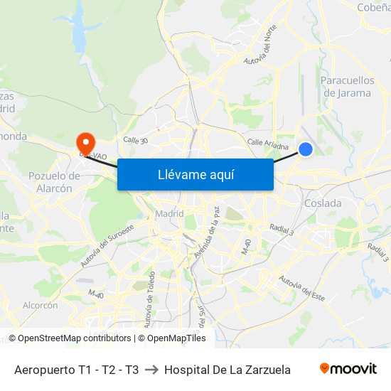 Aeropuerto T1 - T2 - T3 to Hospital De La Zarzuela map