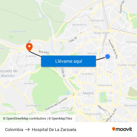 Colombia to Hospital De La Zarzuela map