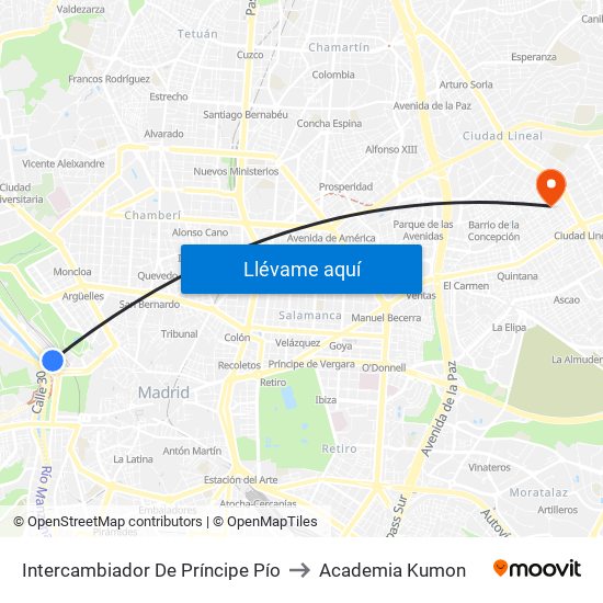 Intercambiador De Príncipe Pío to Academia Kumon map