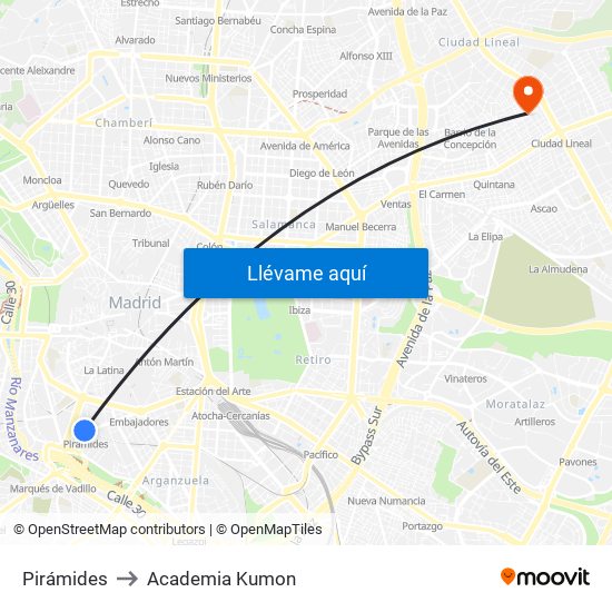 Pirámides to Academia Kumon map