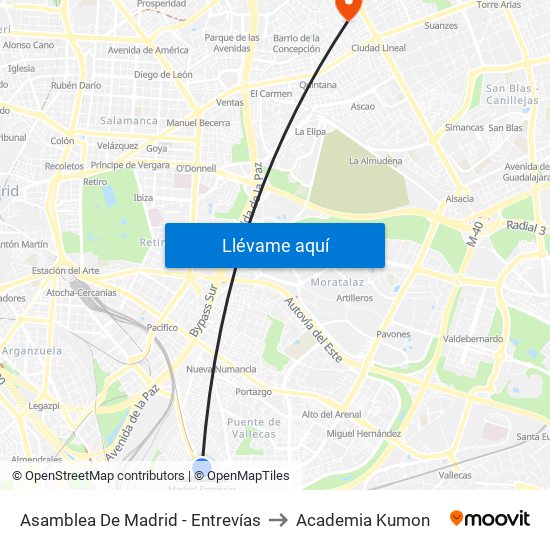 Asamblea De Madrid - Entrevías to Academia Kumon map