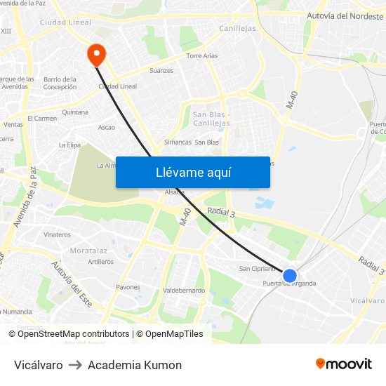 Vicálvaro to Academia Kumon map