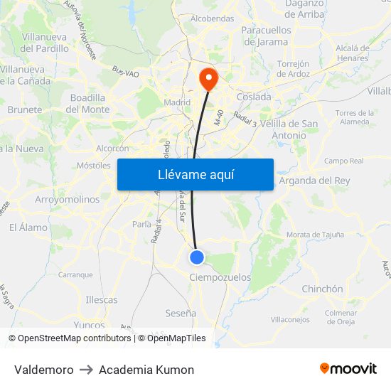 Valdemoro to Academia Kumon map