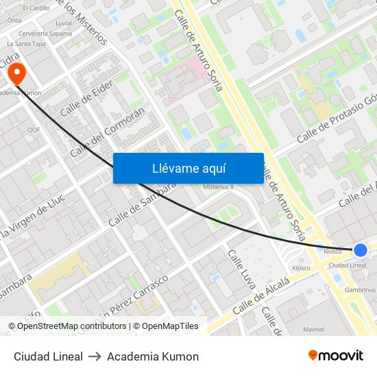 Ciudad Lineal to Academia Kumon map