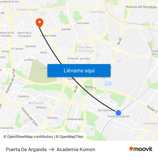 Puerta De Arganda to Academia Kumon map