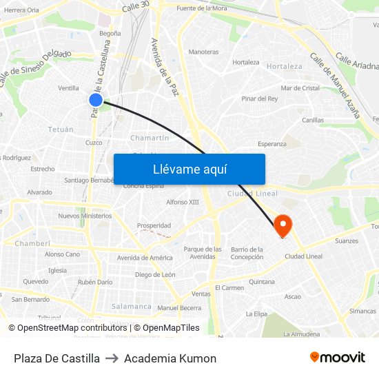 Plaza De Castilla to Academia Kumon map