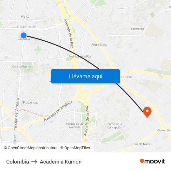 Colombia to Academia Kumon map