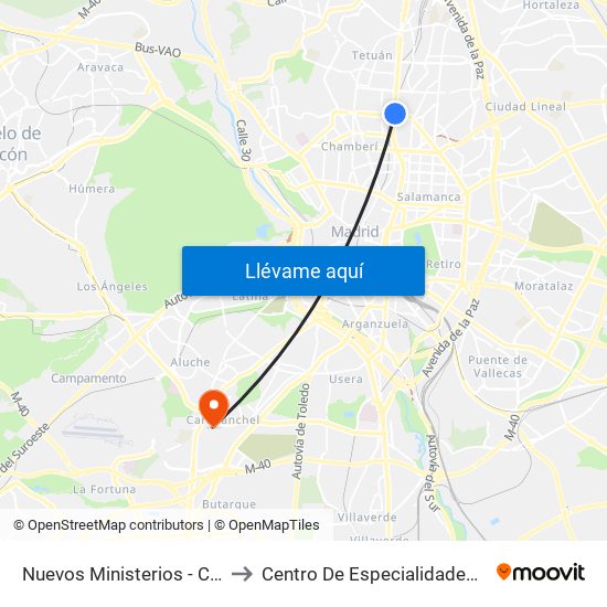 Nuevos Ministerios - Centro Comercial to Centro De Especialidades Carabanchel Alto map