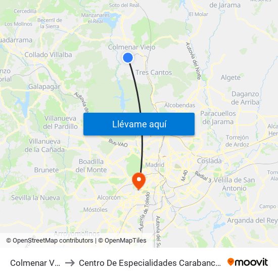 Colmenar Viejo to Centro De Especialidades Carabanchel Alto map