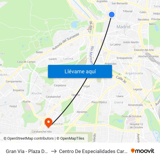 Gran Vía - Plaza De España to Centro De Especialidades Carabanchel Alto map