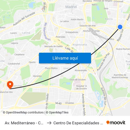 Av. Mediterráneo - Conde De Casal to Centro De Especialidades Carabanchel Alto map