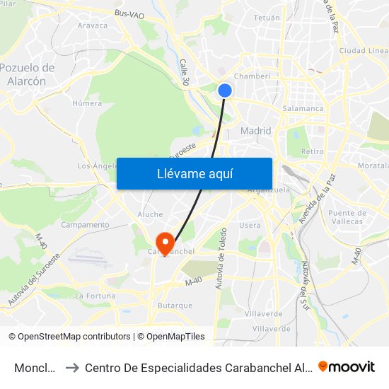 Moncloa to Centro De Especialidades Carabanchel Alto map