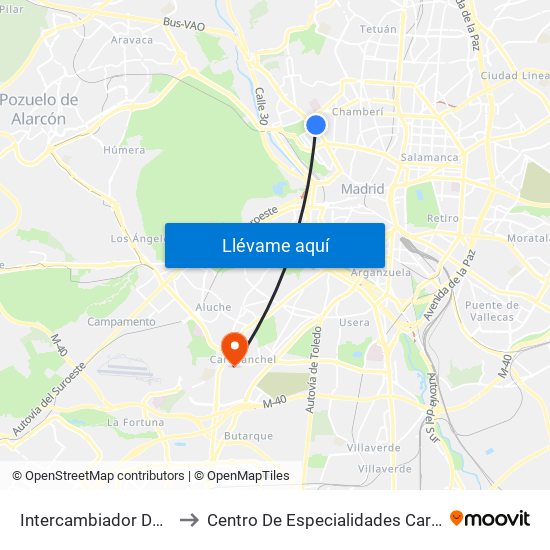 Intercambiador De Moncloa to Centro De Especialidades Carabanchel Alto map
