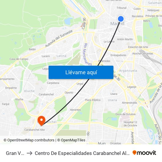 Gran Vía to Centro De Especialidades Carabanchel Alto map