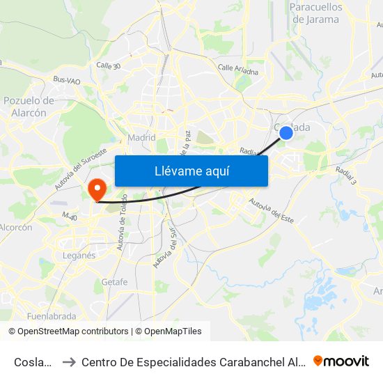Coslada to Centro De Especialidades Carabanchel Alto map