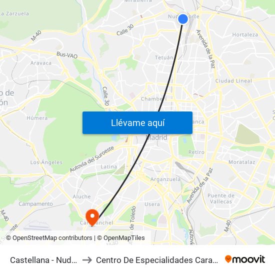 Castellana - Nudo Norte to Centro De Especialidades Carabanchel Alto map