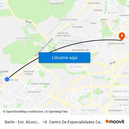 Berlín - Est. Alcorcón Central to Centro De Especialidades Carabanchel Alto map