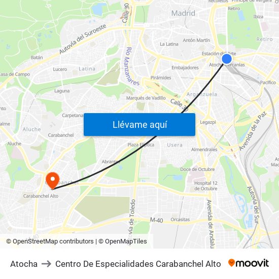 Atocha to Centro De Especialidades Carabanchel Alto map