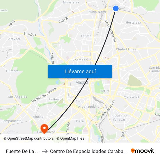 Fuente De La Mora to Centro De Especialidades Carabanchel Alto map