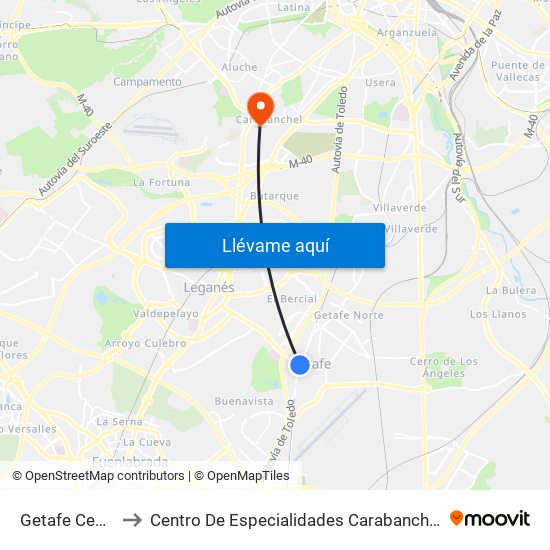 Getafe Centro to Centro De Especialidades Carabanchel Alto map