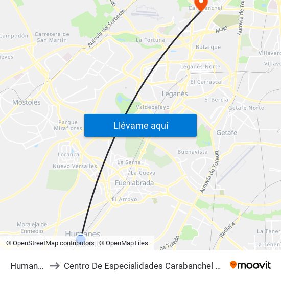 Humanes to Centro De Especialidades Carabanchel Alto map