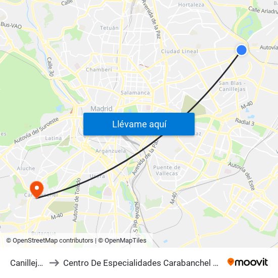 Canillejas to Centro De Especialidades Carabanchel Alto map