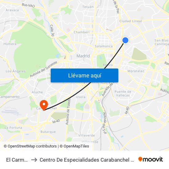El Carmen to Centro De Especialidades Carabanchel Alto map
