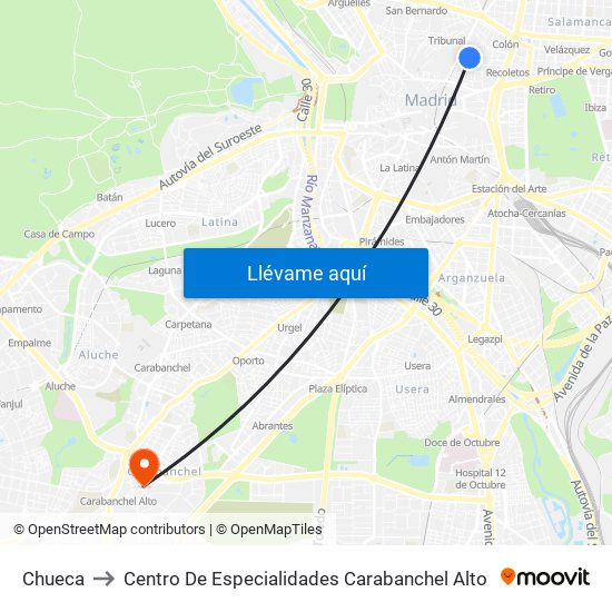 Chueca to Centro De Especialidades Carabanchel Alto map