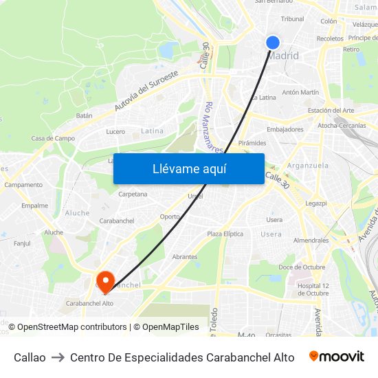 Callao to Centro De Especialidades Carabanchel Alto map