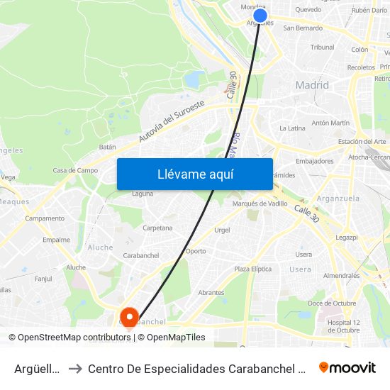 Argüelles to Centro De Especialidades Carabanchel Alto map