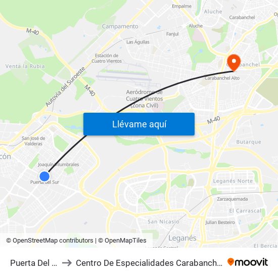 Puerta Del Sur to Centro De Especialidades Carabanchel Alto map