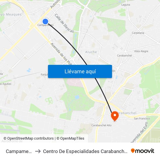 Campamento to Centro De Especialidades Carabanchel Alto map