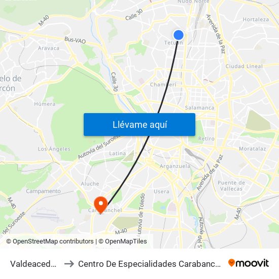 Valdeacederas to Centro De Especialidades Carabanchel Alto map