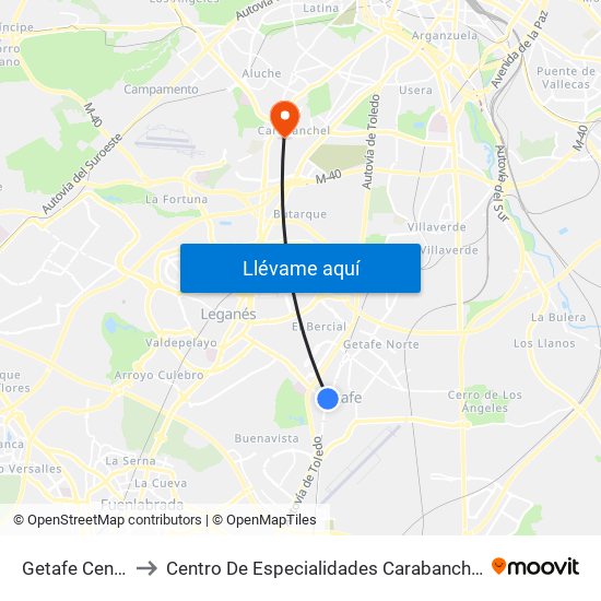 Getafe Central to Centro De Especialidades Carabanchel Alto map