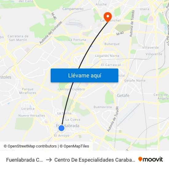 Fuenlabrada Central to Centro De Especialidades Carabanchel Alto map
